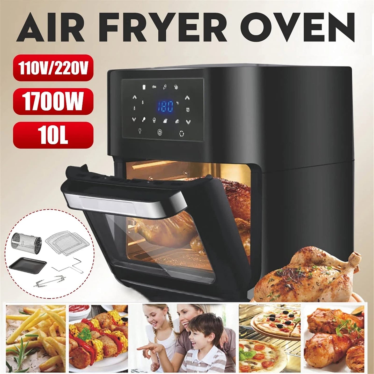 **EXENXA Airfryer 10 L 1700 W | Heißluftfritteuse mit LCD, große Kapazität, ölfreies Kochen, Schwarz**