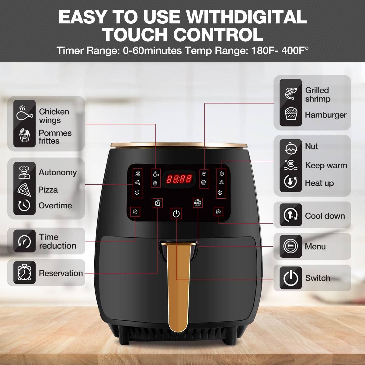 AJIEYMXD Heißluftfritteuse, 220 V, Multifunktions-Smart-Touch-LCD-Airfryer, Pommes-Frites-Pizza-Friteuse, Gedenktag